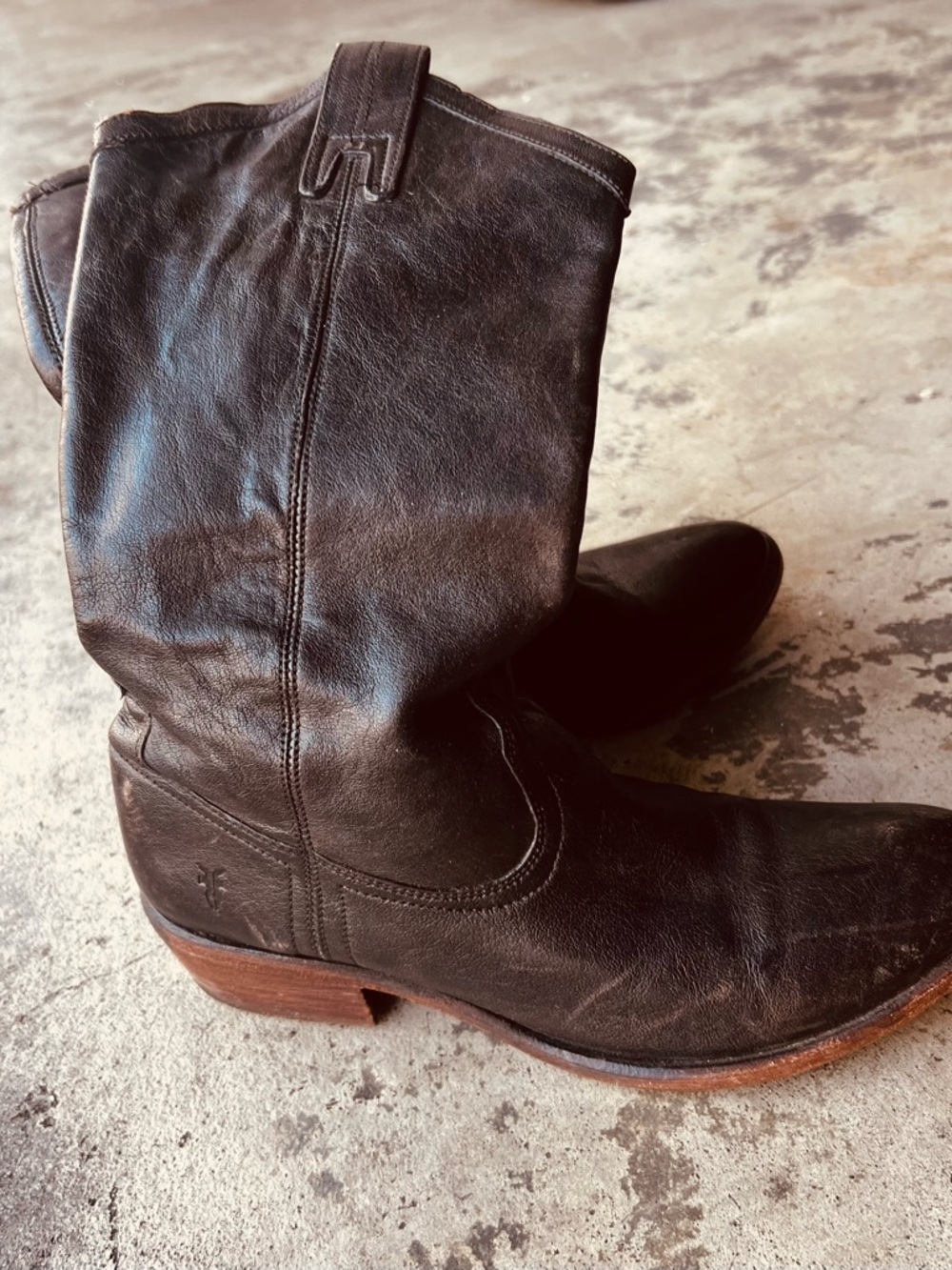 Frye Dark Brown Leather Pull On Heeled Boots